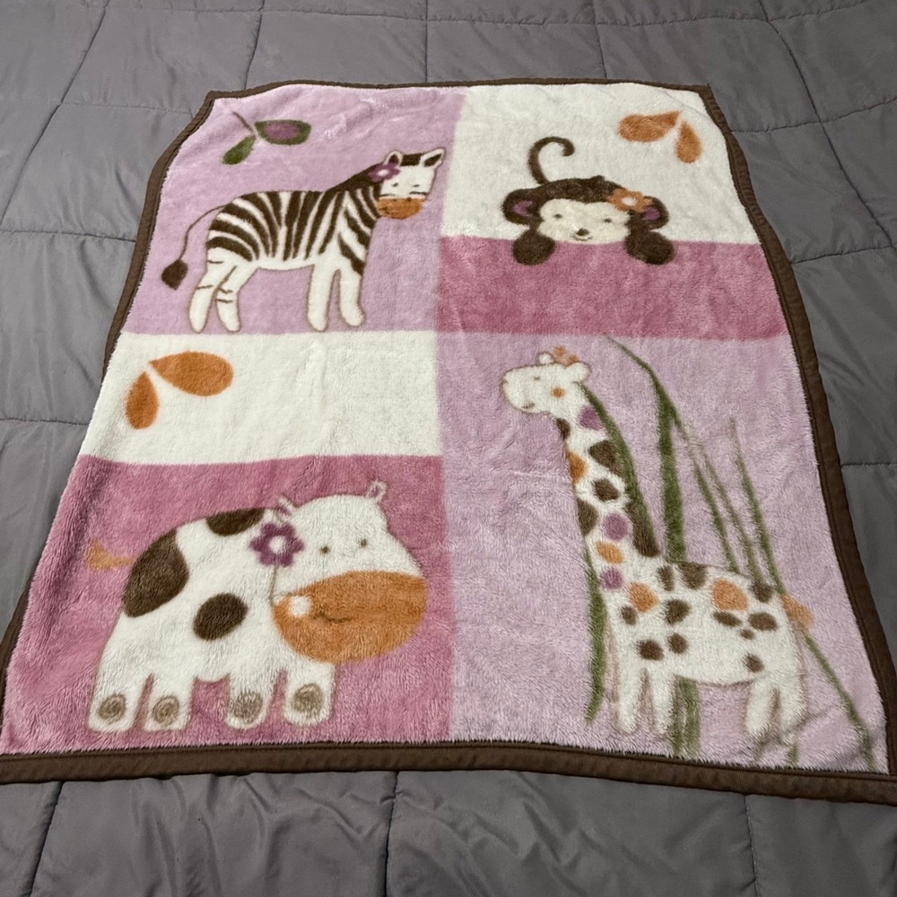 Cocalo Baby Pink Safari Animal Fleece Blanket‎ Zebra Giraffe Monkey Hippo 35x41